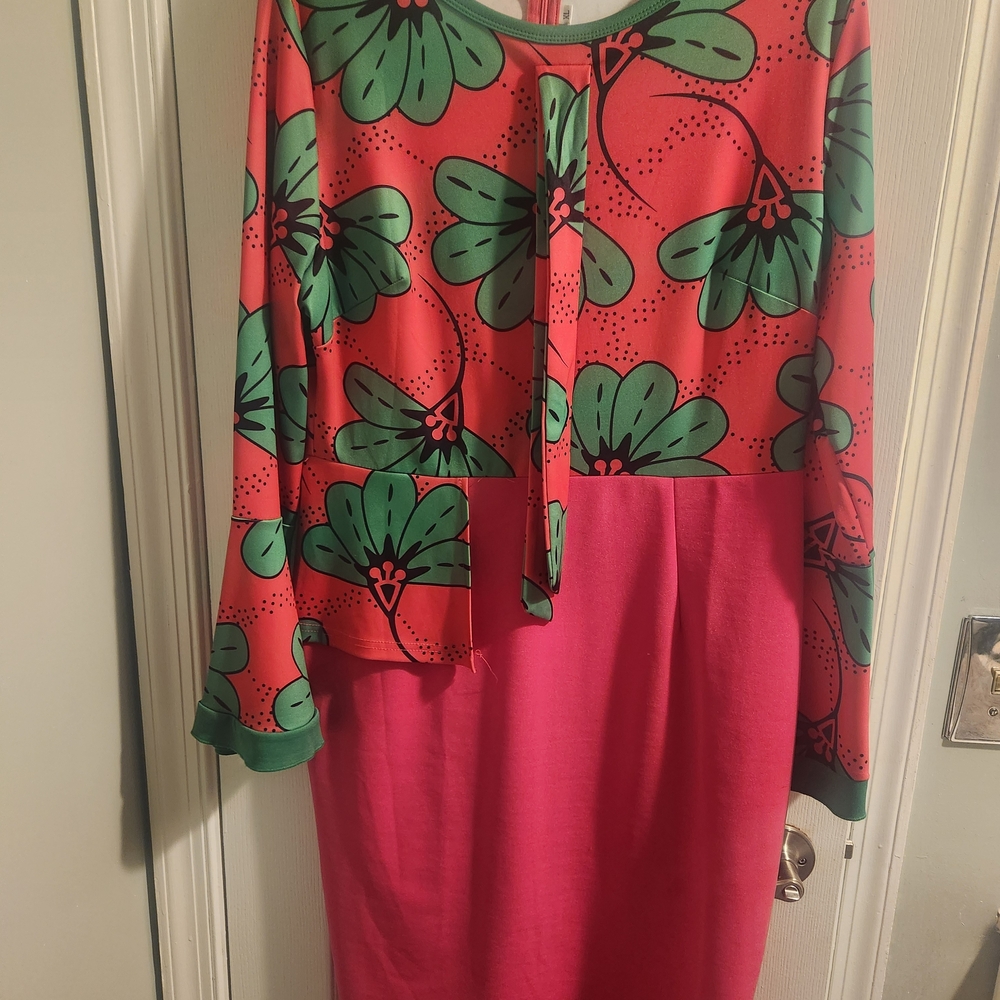 Bold Pink & Green Floral Shift Dress with Tie Neck